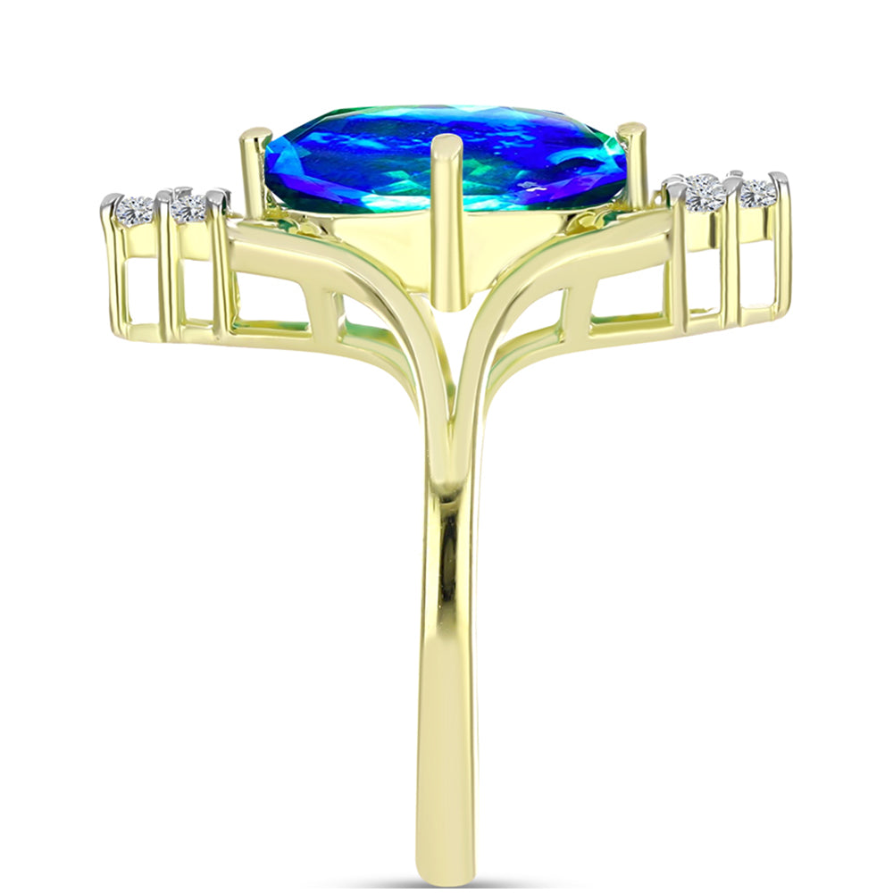 Anel de Prata com Banho de Ouro com Quartzo Pavão e Topázio Branco  Contraste: Cabeca de Veado (800)