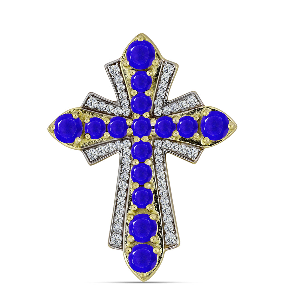 Cruz Pendente de Prata com Banho de Ouro com Ágata Azul e Topázio Branco  Contraste: Cabeca de Veado (800) 1 