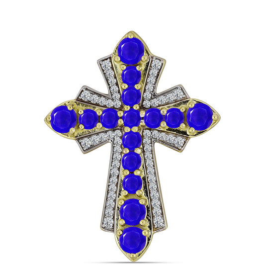 Cruz Pendente de Prata com Banho de Ouro com Ágata Azul e Topázio Branco  Contraste: Cabeca de Veado (800)