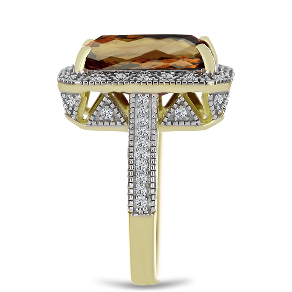 Anel de Prata com Banho de Ouro com Quartzo Cognac e Topázio Branco  Contraste: Cabeca de Veado (800)