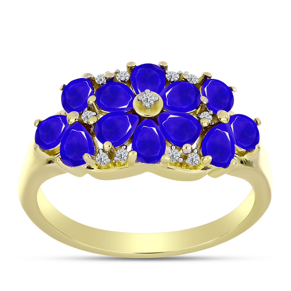 Anel de Prata com Banho de Ouro com Ágata Azul e Topázio Branco  Contraste: Cabeca de Veado (800)