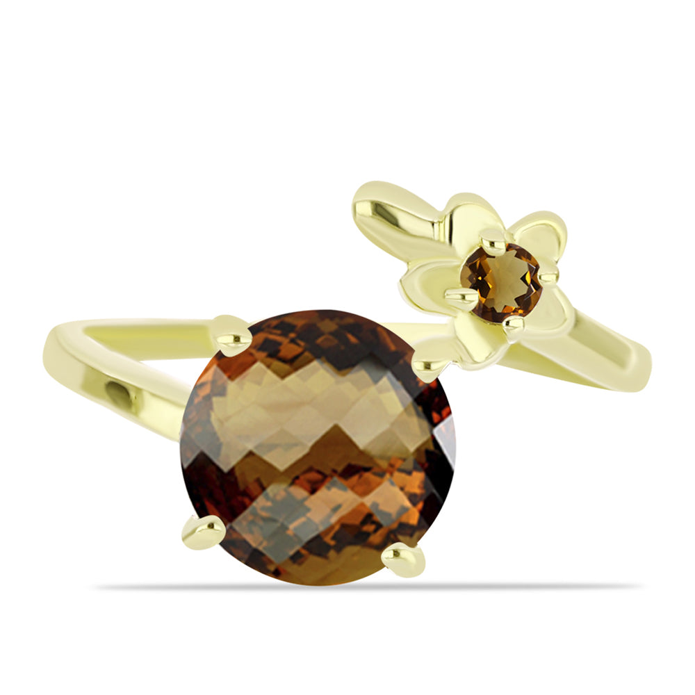 Anel de Prata com Banho de Ouro com Quartzo Cognac