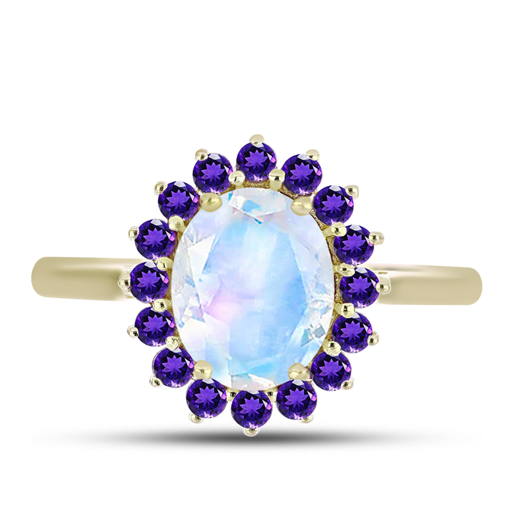 Anel de Prata com Banho de Ouro com Pedra da Lua Arco-íris e Ametista de Marrocos