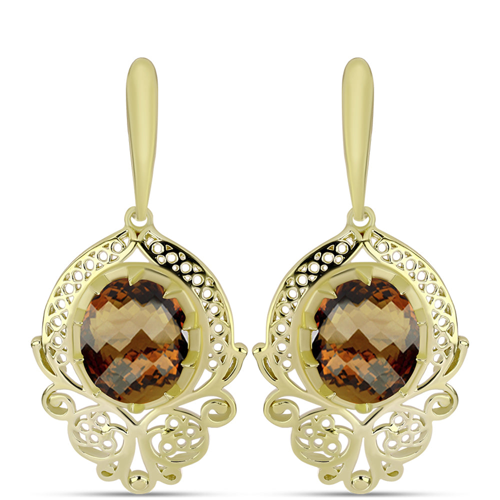 Brincos de Prata com Banho de Ouro com Quartzo Cognac  Contraste: Cabeca de Veado (800) 1 
