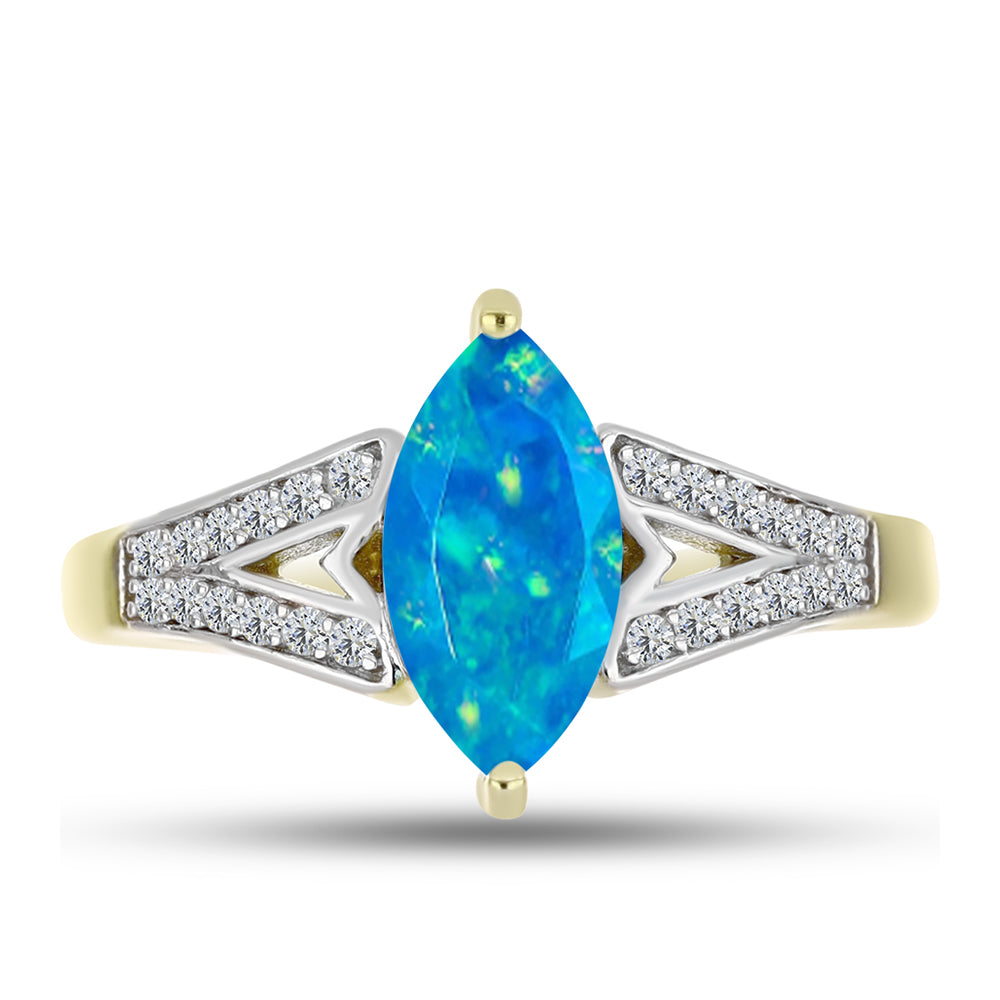 Anel de Prata com Banho de Ouro com Opala Azul Paraib da Etiópia e Topázio Branco  Contraste: Cabeca de Veado (800)