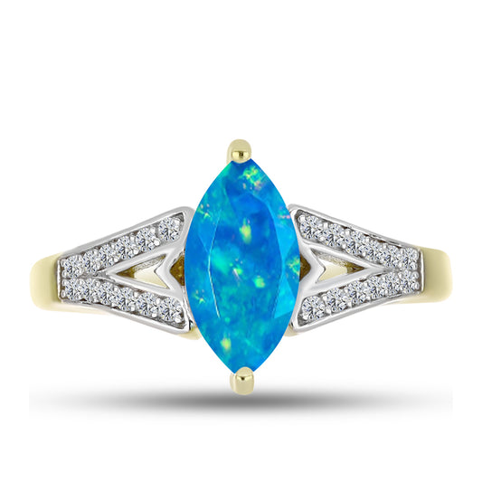 Anel de Prata com Banho de Ouro com Opala Azul Paraib da Etiópia e Topázio Branco  Contraste: Cabeca de Veado (800)