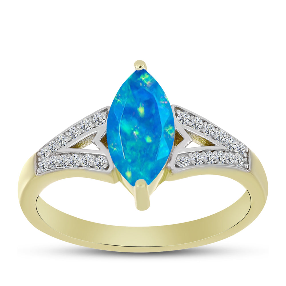 Anel de Prata com Banho de Ouro com Opala Azul Paraib da Etiópia e Topázio Branco  Contraste: Cabeca de Veado (800) 3 