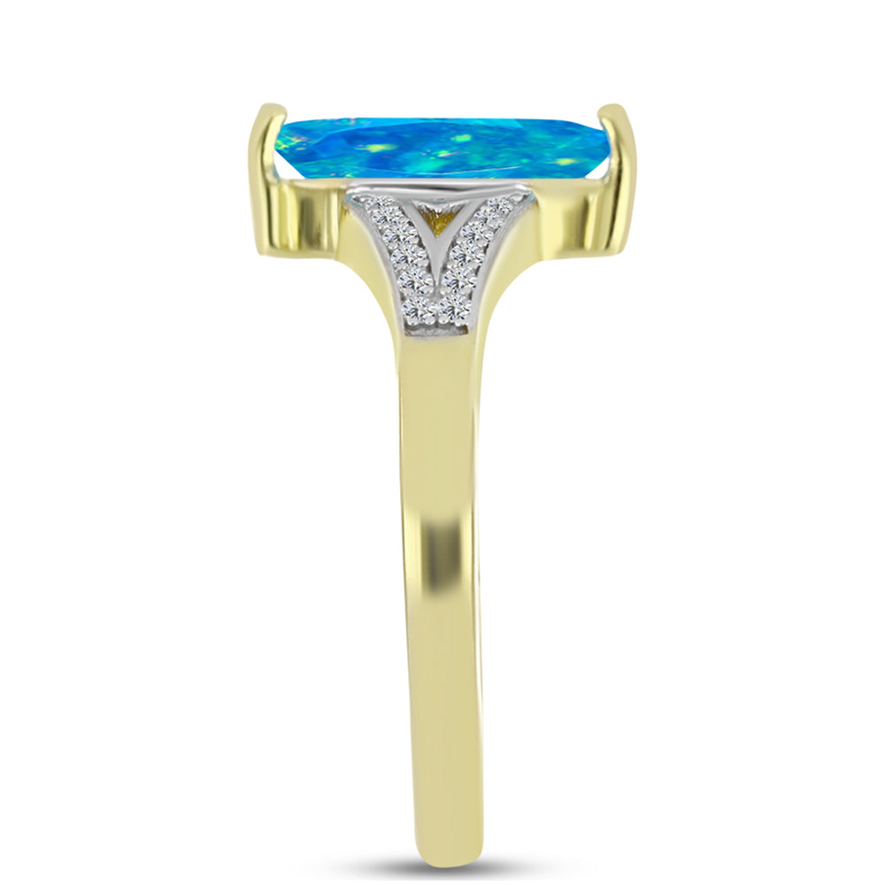 Anel de Prata com Banho de Ouro com Opala Azul Paraib da Etiópia e Topázio Branco  Contraste: Cabeca de Veado (800) 4 