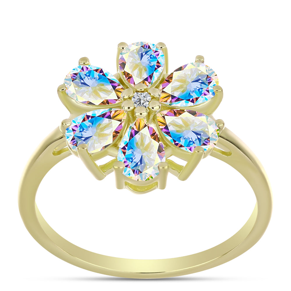 Anel de Prata com Banho de Ouro com Moissanite efeito gelo e Topázio Branco 3 