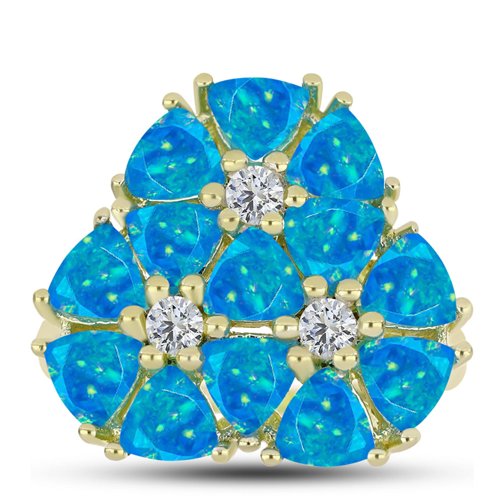 Anel de Prata com Banho de Ouro com Opala Azul Paraib da Etiópia e Topázio Branco  Contraste: Cabeca de Veado (800)