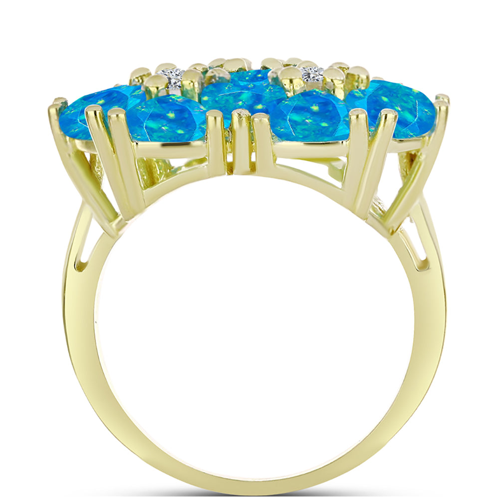 Anel de Prata com Banho de Ouro com Opala Azul Paraib da Etiópia e Topázio Branco  Contraste: Cabeca de Veado (800) 2 