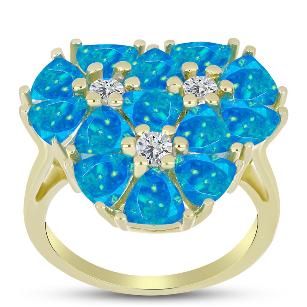 Anel de Prata com Banho de Ouro com Opala Azul Paraib da Etiópia e Topázio Branco  Contraste: Cabeca de Veado (800)