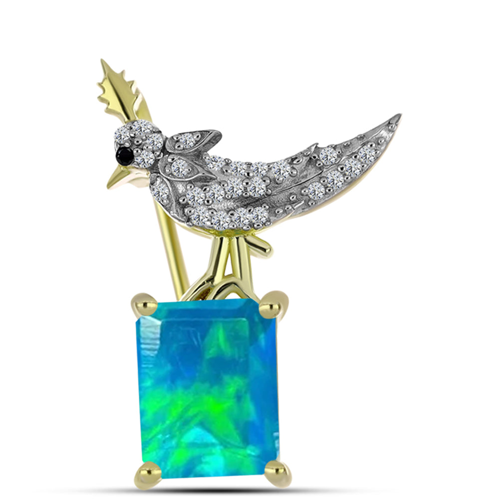 Alfinete de Prata com Banho de Ouro com Opala Azul Paraib da Etiópia e Espinela Preta