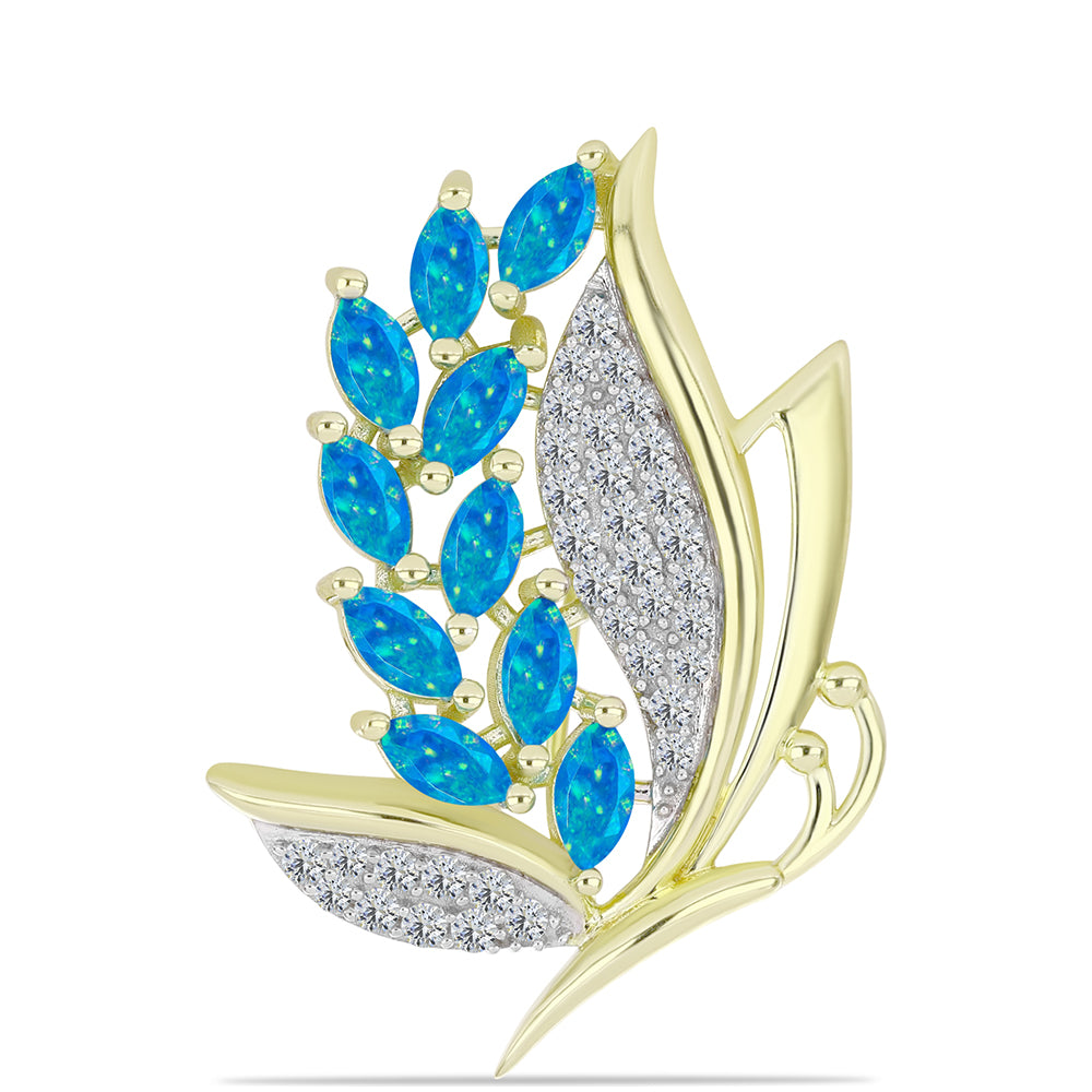 Alfinete de Prata com Banho de Ouro com Opala Azul Paraib da Etiópia e Topázio Branco  Contraste: Cabeca de Veado (800)
