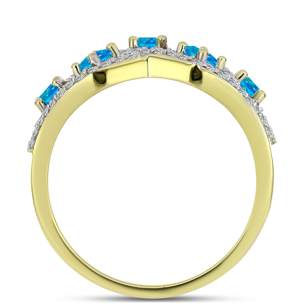 Anel de Prata com Banho de Ouro com Opala Azul Paraib da Etiópia e Topázio Branco  Contraste: Cabeca de Veado (800)
