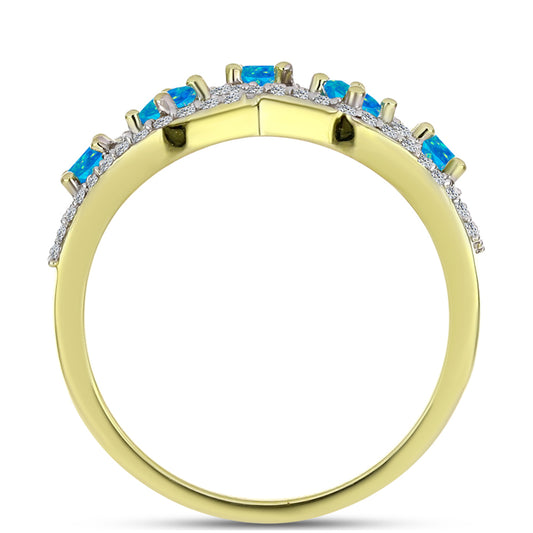 Anel de Prata com Banho de Ouro com Opala Azul Paraib da Etiópia e Topázio Branco  Contraste: Cabeca de Veado (800)