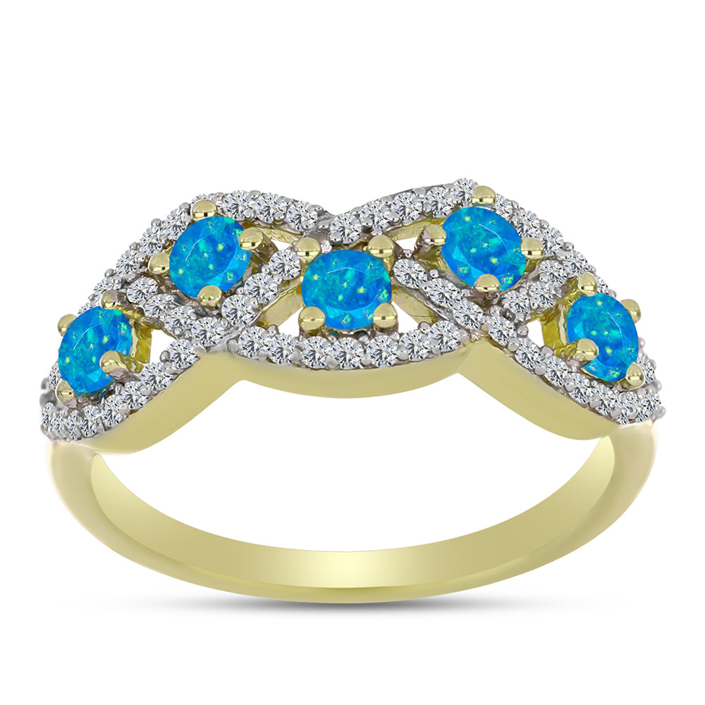 Anel de Prata com Banho de Ouro com Opala Azul Paraib da Etiópia e Topázio Branco  Contraste: Cabeca de Veado (800)
