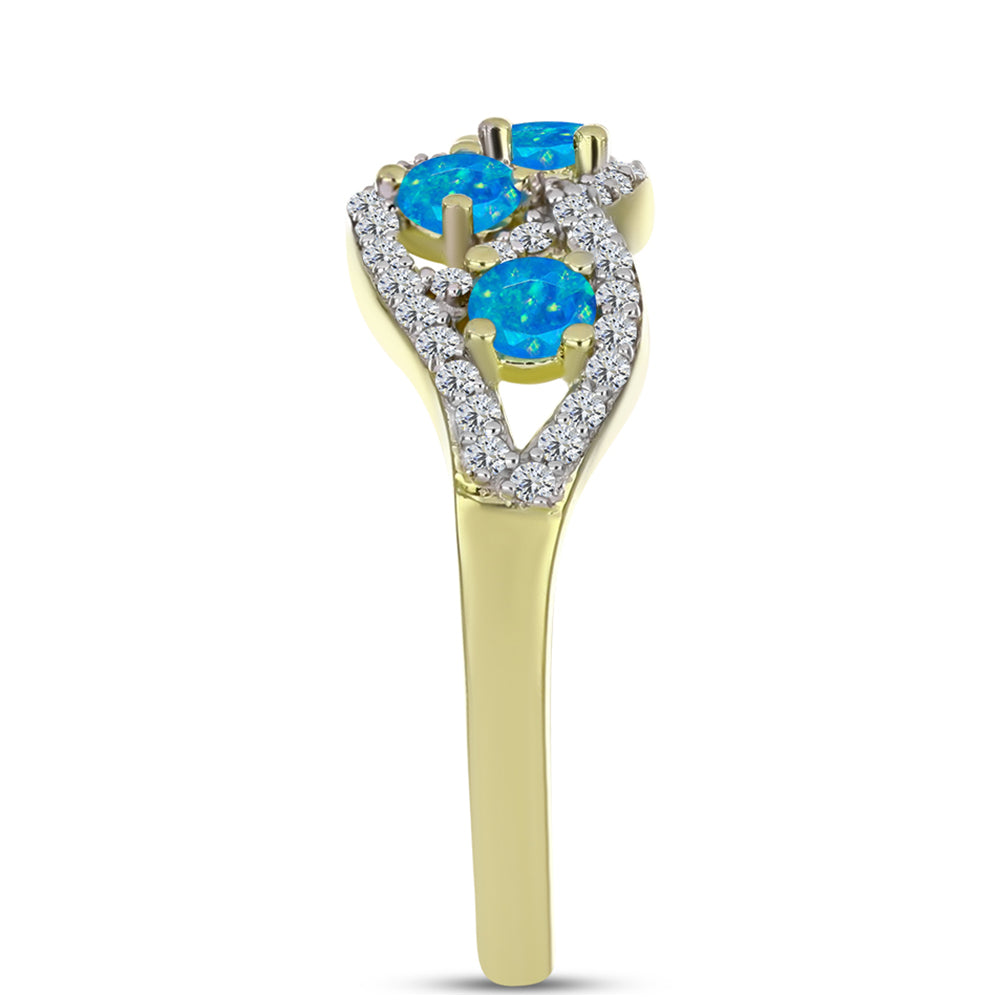 Anel de Prata com Banho de Ouro com Opala Azul Paraib da Etiópia e Topázio Branco  Contraste: Cabeca de Veado (800)
