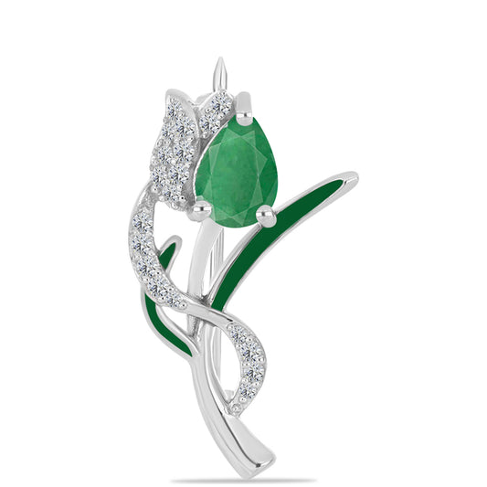 Alfinete de Prata com Esmeralda do Brasil e Topázio Branco