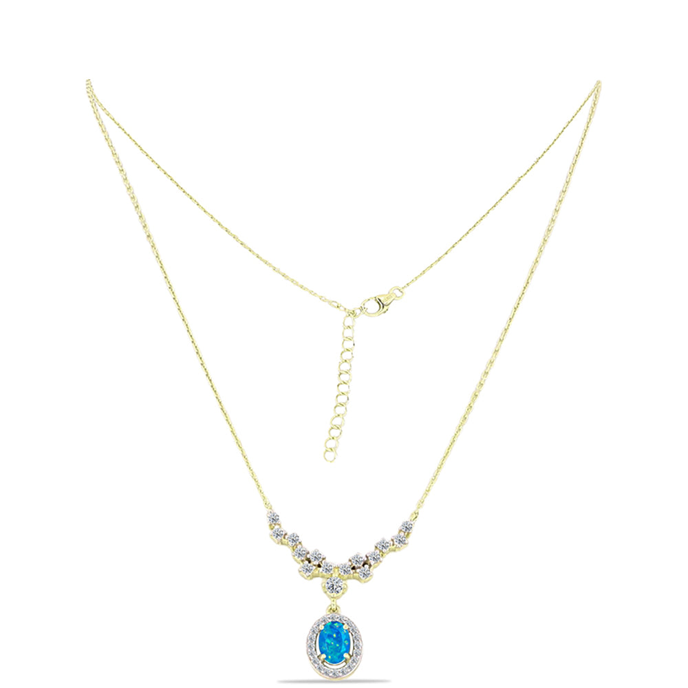 Colar de Prata com Banho de Ouro com Opala Azul Paraib da Etiópia e Topázio Branco  Contraste: Cabeca de Veado (800) 1 