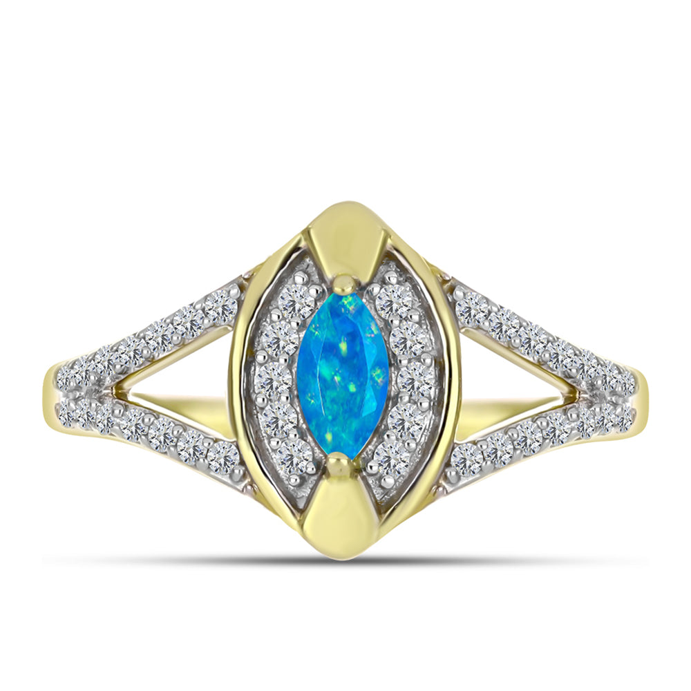 Anel de Prata com Banho de Ouro com Opala Azul Paraib da Etiópia e Topázio Branco  Contraste: Cabeca de Veado (800) 1 
