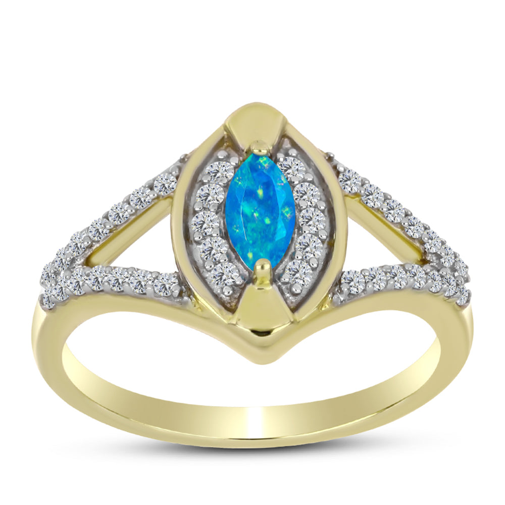 Anel de Prata com Banho de Ouro com Opala Azul Paraib da Etiópia e Topázio Branco  Contraste: Cabeca de Veado (800) 3 