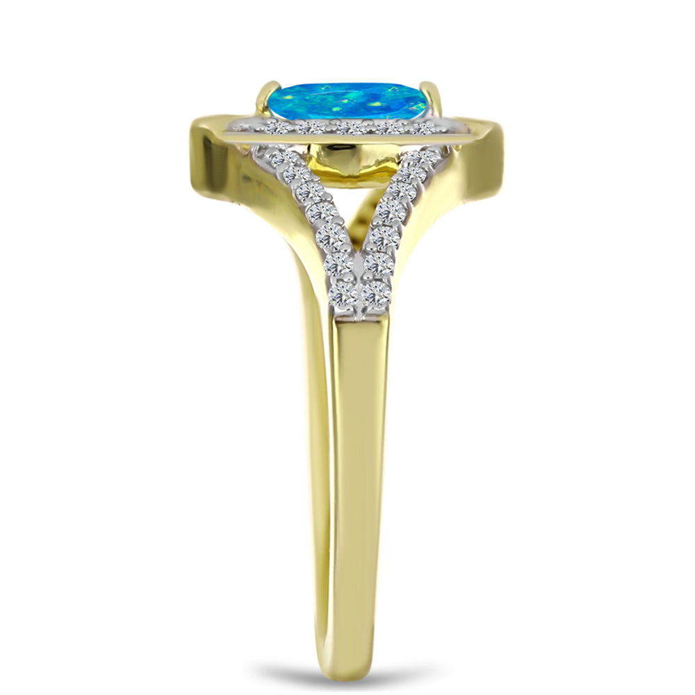 Anel de Prata com Banho de Ouro com Opala Azul Paraib da Etiópia e Topázio Branco  Contraste: Cabeca de Veado (800)