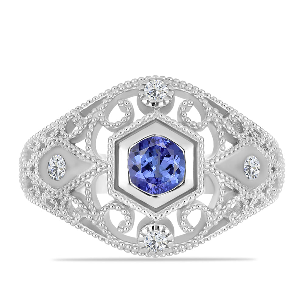 Anel de Prata com Tanzanite e Topázio Branco  Contraste: Cabeca de Veado (800)