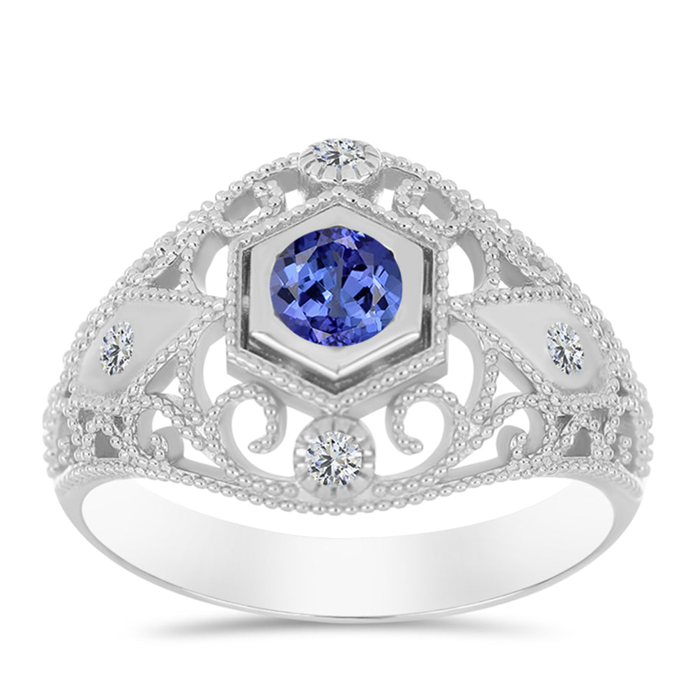 Anel de Prata com Tanzanite e Topázio Branco  Contraste: Cabeca de Veado (800)