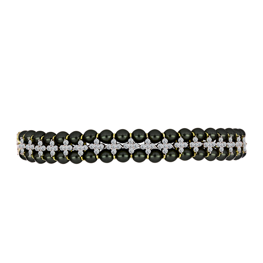 Pulseira de Prata com Banho de Ouro com Pérola de água doce com tonalidade verde estilo Taiti e Topázio Branco  Contraste: Cabeca de Veado (800) 1 