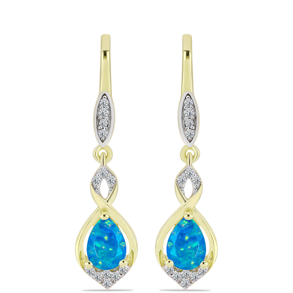 Brincos de Prata com Banho de Ouro com Opala Azul Paraib da Etiópia e Topázio Branco
