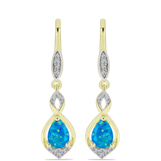 Brincos de Prata com Banho de Ouro com Opala Azul Paraib da Etiópia e Topázio Branco