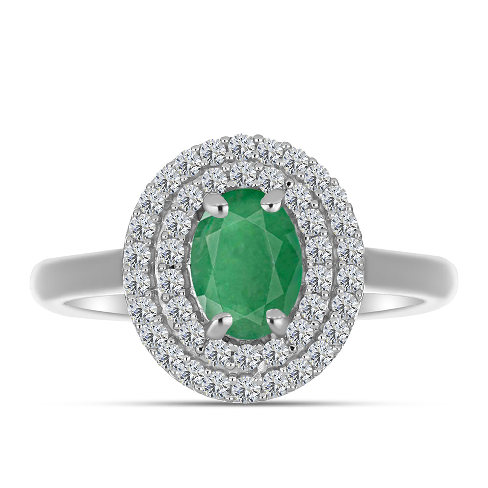 Anel de Prata com Esmeralda do Brasil e Topázio Branco  Contraste: Cabeca de Veado (800)