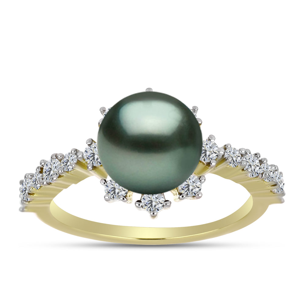 Anel de Prata com Banho de Ouro com Pérola de água doce com tonalidade verde estilo Taiti e Topázio Branco