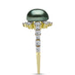 Anel de Prata com Banho de Ouro com Pérola de água doce com tonalidade verde estilo Taiti e Topázio Branco