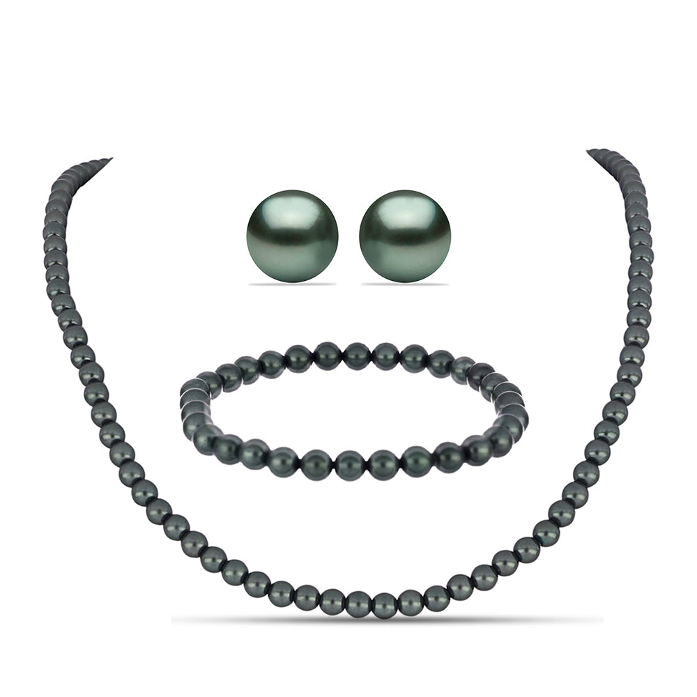 Conjunto de Prata com Banho de Ouro com Pérola de água doce com tonalidade verde estilo Taiti ( Colar+Brincos+Pulseira )