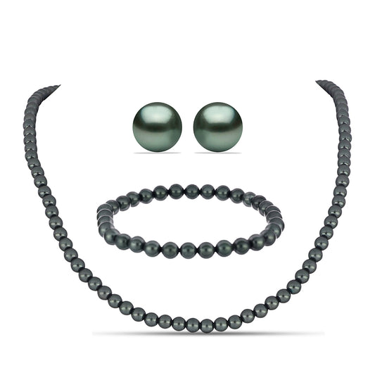 Conjunto de Prata com Banho de Ouro com Pérola de água doce com tonalidade verde estilo Taiti ( Colar+Brincos+Pulseira )
