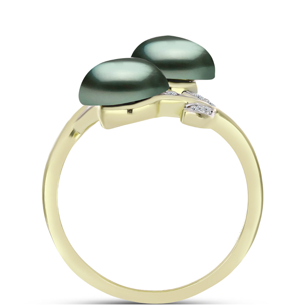 Anel de Prata com Banho de Ouro com Pérola de água doce com tonalidade verde estilo Taiti e Topázio Branco  Contraste: Cabeca de Veado (800)