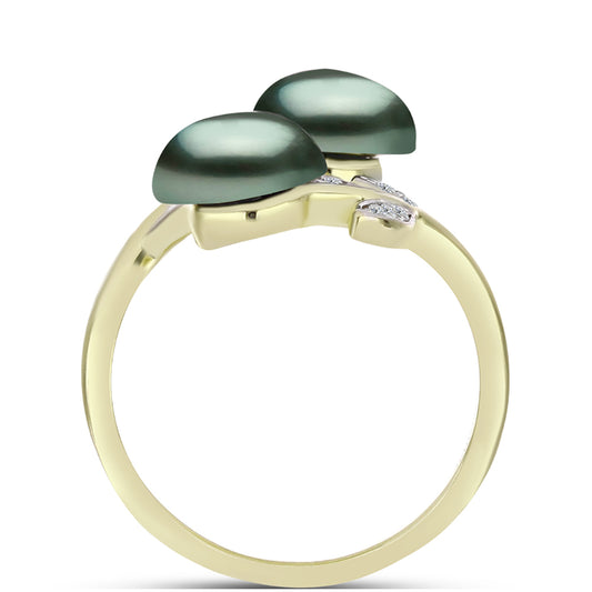 Anel de Prata com Banho de Ouro com Pérola de água doce com tonalidade verde estilo Taiti e Topázio Branco  Contraste: Cabeca de Veado (800)