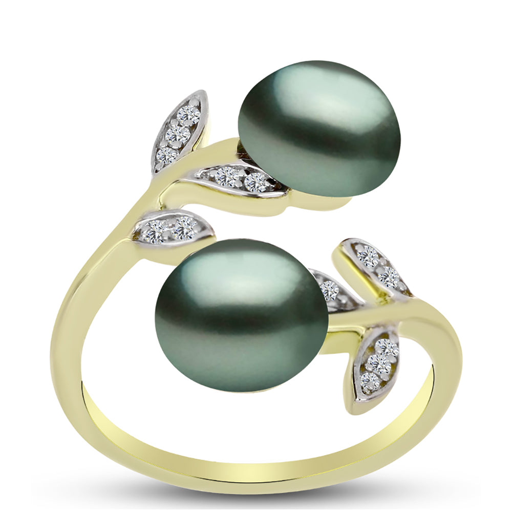 Anel de Prata com Banho de Ouro com Pérola de água doce com tonalidade verde estilo Taiti e Topázio Branco  Contraste: Cabeca de Veado (800) 3 