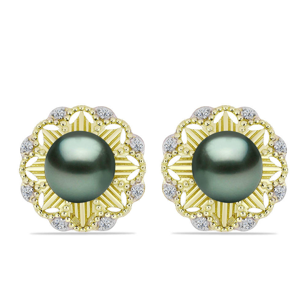 Brincos de Prata com Banho de Ouro com Pérola de água doce com tonalidade verde estilo Taiti e Topázio Branco  Contraste: Cabeca de Veado (800) 1 
