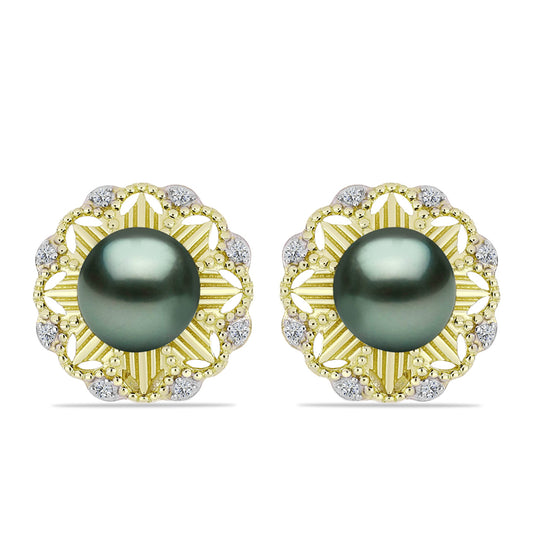 Brincos de Prata com Banho de Ouro com Pérola de água doce com tonalidade verde estilo Taiti e Topázio Branco  Contraste: Cabeca de Veado (800)