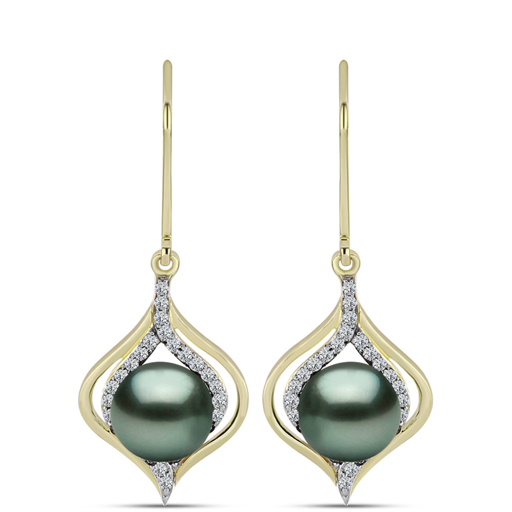 Brincos de Prata com Banho de Ouro com Pérola de água doce com tonalidade verde estilo Taiti e Topázio Branco 1 