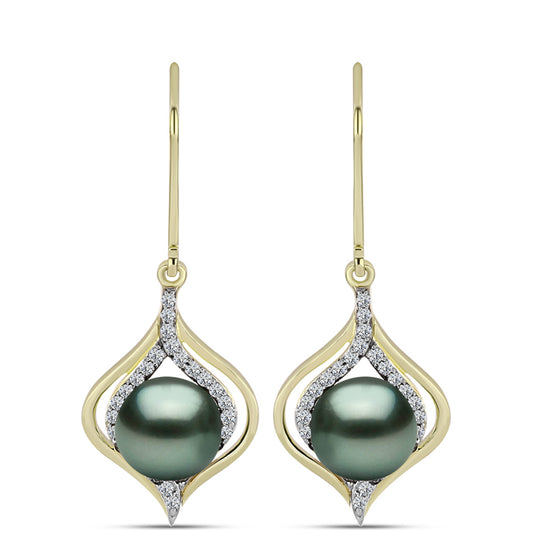 Brincos de Prata com Banho de Ouro com Pérola de água doce com tonalidade verde estilo Taiti e Topázio Branco
