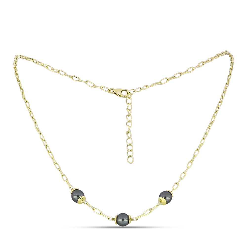 Colar de Prata com Banho de Ouro com Pérola de água doce com tonalidade verde estilo Taiti  Contraste: Cabeca de Veado (800)