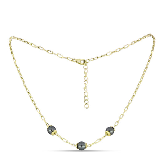 Colar de Prata com Banho de Ouro com Pérola de água doce com tonalidade verde estilo Taiti  Contraste: Cabeca de Veado (800)