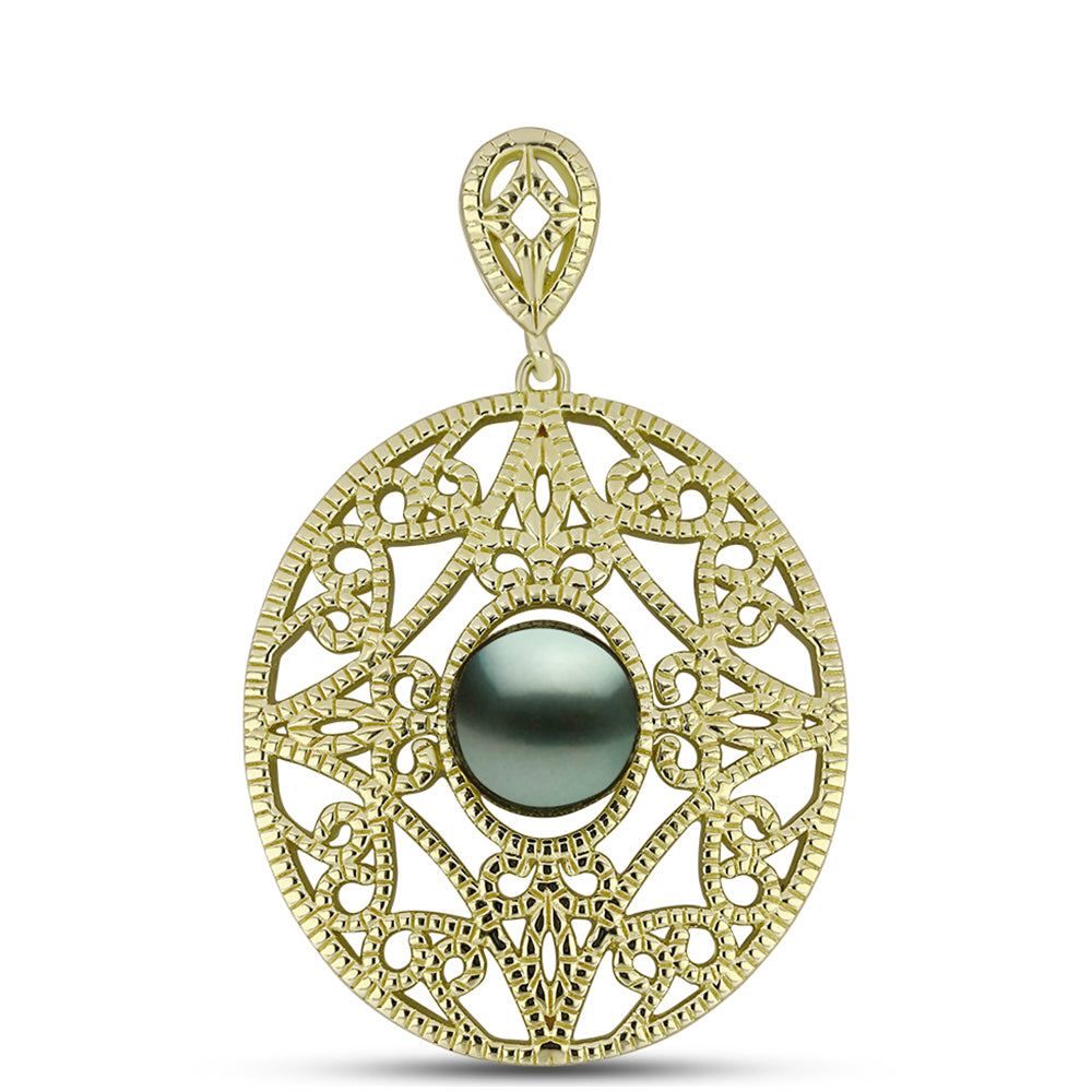 Pendente de Prata com Banho de Ouro com Pérola de água doce com tonalidade verde estilo Taiti  Contraste: Cabeca de Veado (800)