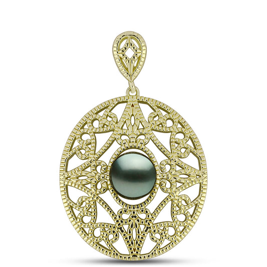 Pendente de Prata com Banho de Ouro com Pérola de água doce com tonalidade verde estilo Taiti  Contraste: Cabeca de Veado (800)
