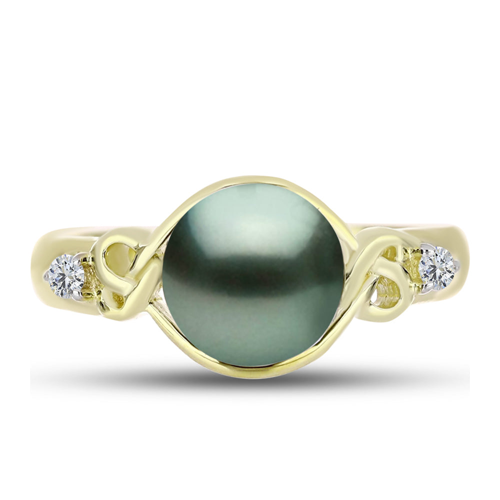 Anel de Prata com Banho de Ouro com Pérola de água doce com tonalidade verde estilo Taiti e Topázio Branco