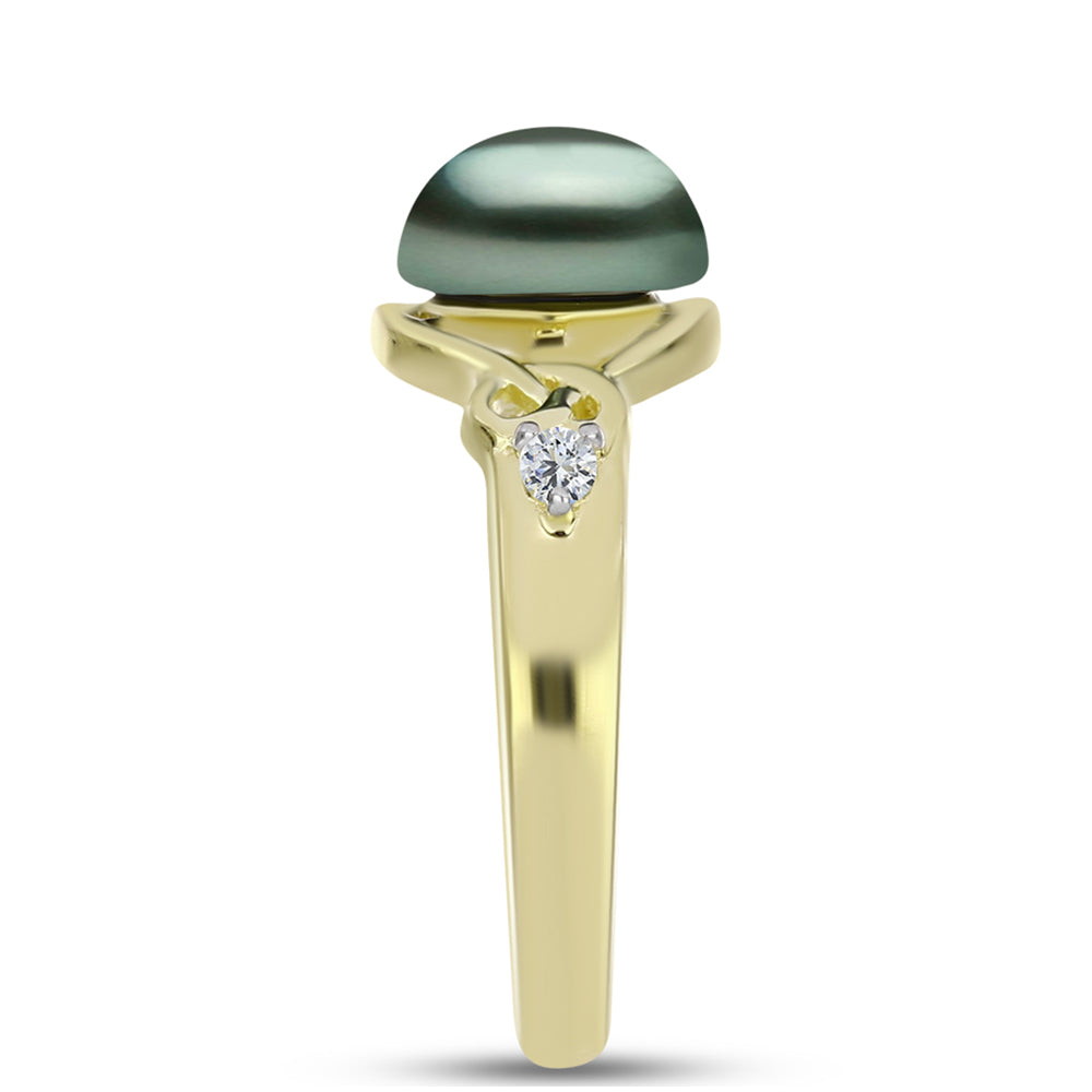 Anel de Prata com Banho de Ouro com Pérola de água doce com tonalidade verde estilo Taiti e Topázio Branco